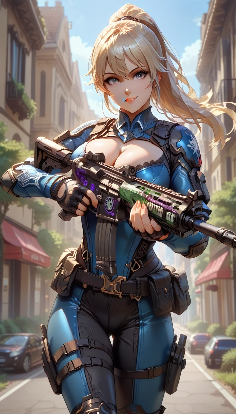 ultra-detailed, 1girl, (\qin\), ((masterpiece)), (best quality), (highres), 16K, long hair, blonde hair, ponytail, wearing tactical clothes, tactical belt, black panties, knee pads, holding assault rifle, busty body, large breasts and a beautiful ass, showcasing cleavage, legs, hips, looking at viewer, smiling, detailed face, detailed hair, detailed whole body, streets background