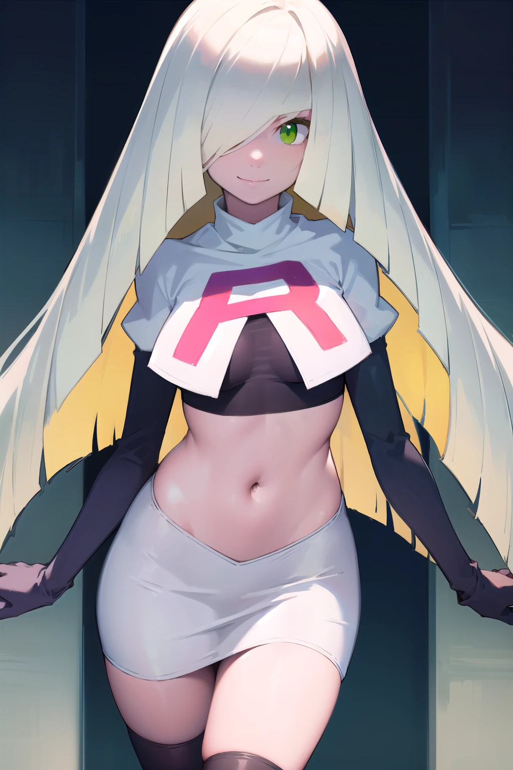 pokemonlusamine, pokemonlusamine, blonde hair, (green eyes:1.5), hair over one eye, long hair, multicolored hair, streaked hair, very long hair, smile,
BREAK  rocket,team rocket uniform,white skirt,red letter R,crop top,black thigh-highs,black elbow gloves,
BREAK looking at viewer,
BREAK (masterpiece:1.2), best quality, high resolution, unity 8k wallpaper, (illustration:0.8), (beautiful detailed eyes:1.6), extremely detailed face, perfect lighting, extremely detailed CG, (perfect hands, perfect anatomy),