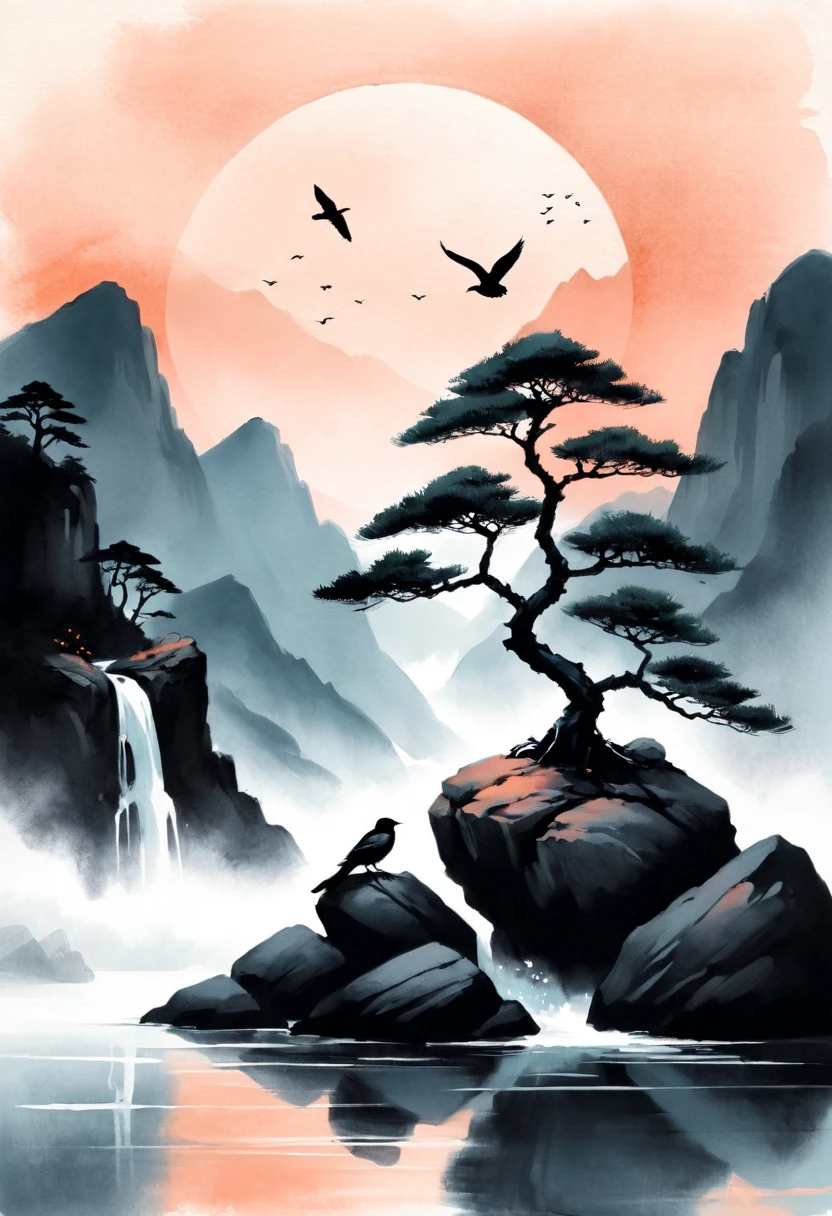 Create an ink art scene,masterpiece titled "The Solitary Flight" in the inkpunk genre, inspired by traditional East Asian aesthetics. The image should feature a solitary bonsai tree on a rock, clearly separate from an East Asian pagoda in the background. The sun should be a soft, muted circle, smaller in size, casting a warm glow. Use a color palette of soft oranges. Include silhouettes of birds in flight and maintain a minimalistic, graphic style, ensuring there are no realistic textures or excessive details. The background should suggest mountains and a waterfall, but with a focus on simplicity and harmony.