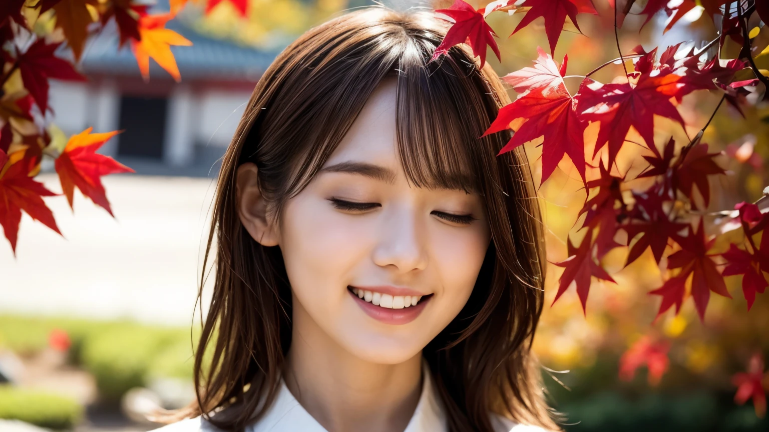 girls, chatting with walking, smiling and in a good mood, excitement is building, Japanese dry landscape garden, a very lively crowd around, see the temple in the background, strong sunlight, a lot of autumn red maple leaves fluttering, surrounded by vivid autumn red maple leaves, dressed in autumn fashion, face in profile, middle length bright-brown hair, hair fluttering in the wind, beautiful white-colored translucent skin, slendar figure, skiny, flat breast, elegant makeup, flushed cheeks, closed eyes, shooting from a little distance, {realistic}, {cinematic}, {photogenic}