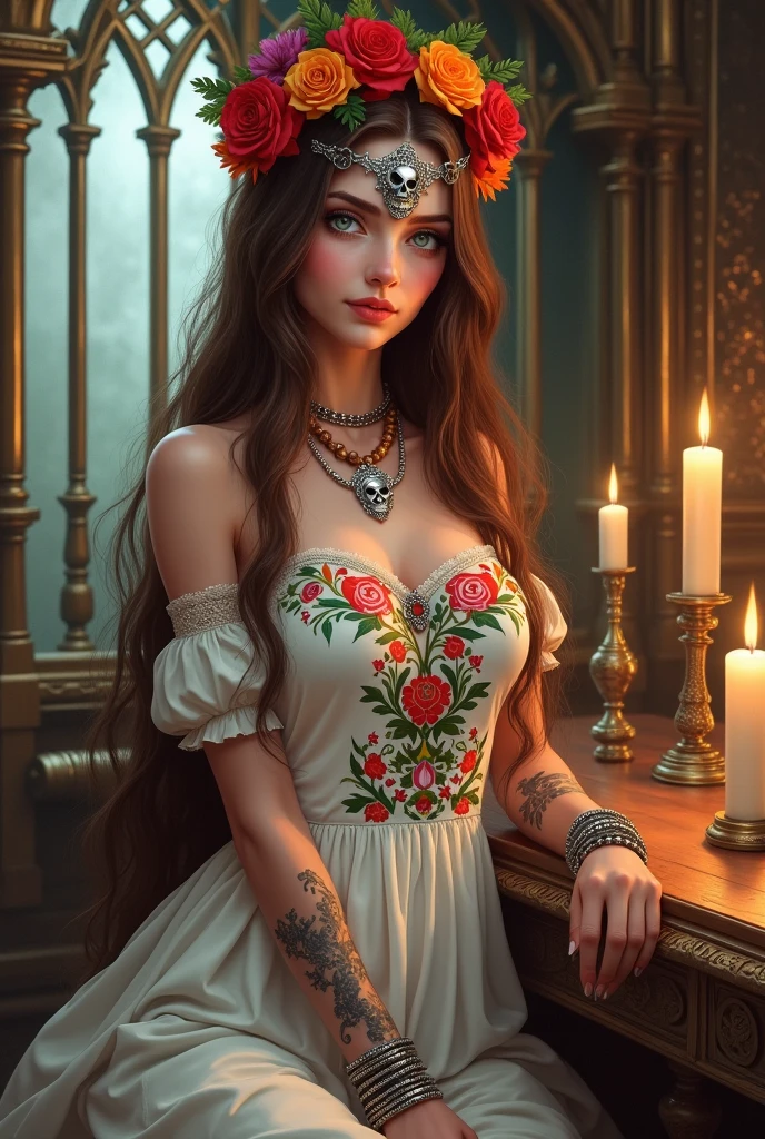 A young woman, very beautiful, Cigana Jasmine, of umbanda, next to several roses, reading tarot.