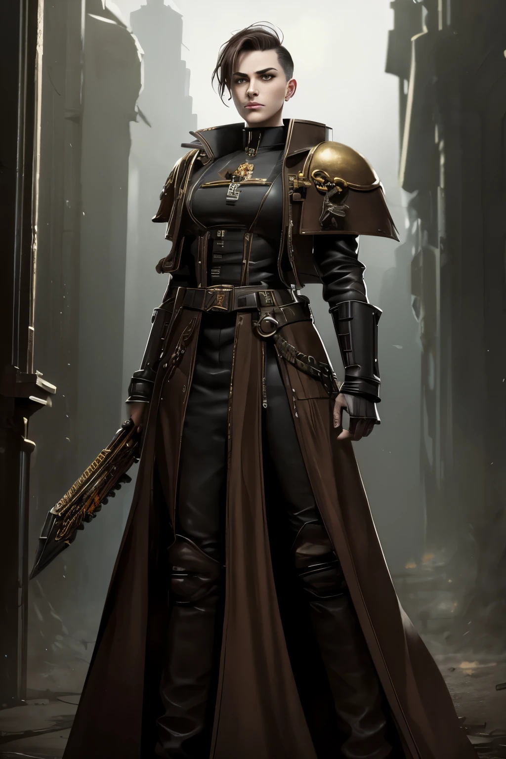 Warhammer 40k Setting: A h young female noble with very short dark-brown undercut. Shaved sides. Tomboyish. Androgynous. Slim. Wide hips. Long thick legs. Extremly pale skin with liverspots. A narrow soft face. Round chin. Curved lips. A long and wide nose. Upturned eyes. Brown eye colour. Very thin eyebrows. Big forehead. Long neck. Extremly pale skin. Freckles. Very short hair. Short manly haircut. Undercut. Sides shaved. Looking Androgynous. Tomboyish. Grim. Melancholic. Dark. Wearing clothing of an warhammer 40k noble. Background: A sinister industrial megacity in a grim warhammer 40k universe.