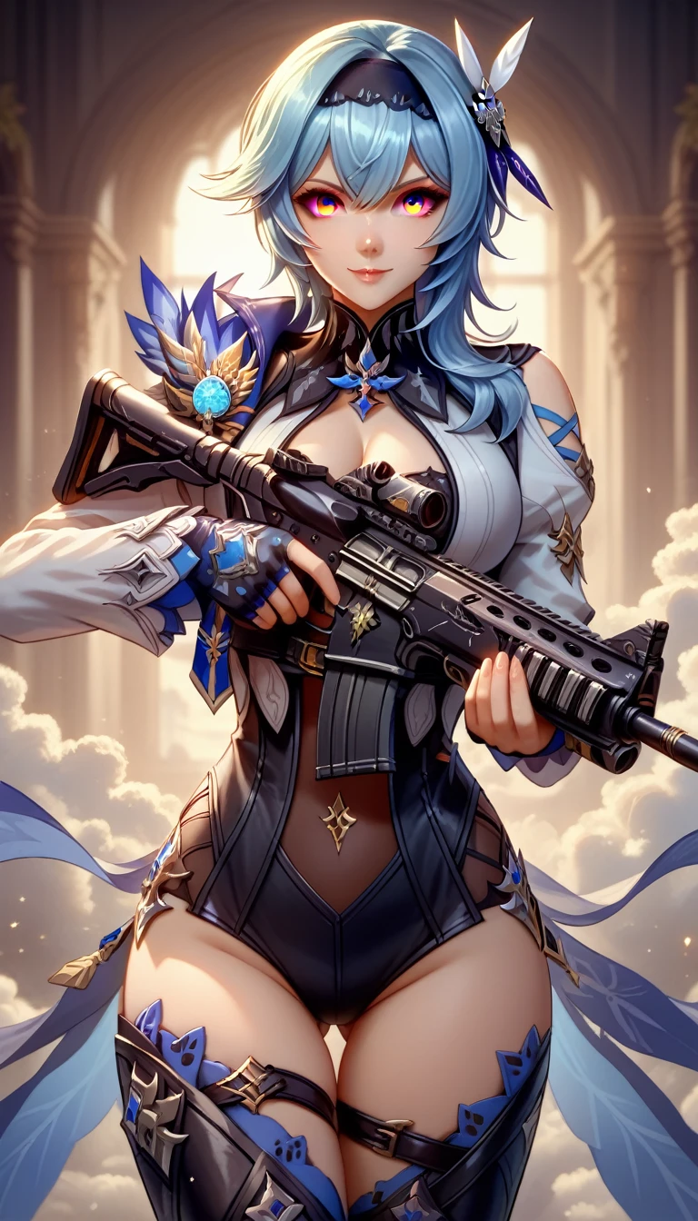 ultra-detailed, 1girl, eula_\(genshin_impact\), ((masterpiece)), (best quality), (highres), 16K, blue_hair, hairband, hair_flower, hair ornament, yellow_eyes, wearing tactical gear, leotard, holding assault rifle, busty body, large breasts, showcasing cleavage, legs, hips, looking at viewer, smiling, detailed face, detailed hair, detailed whole body, streets background