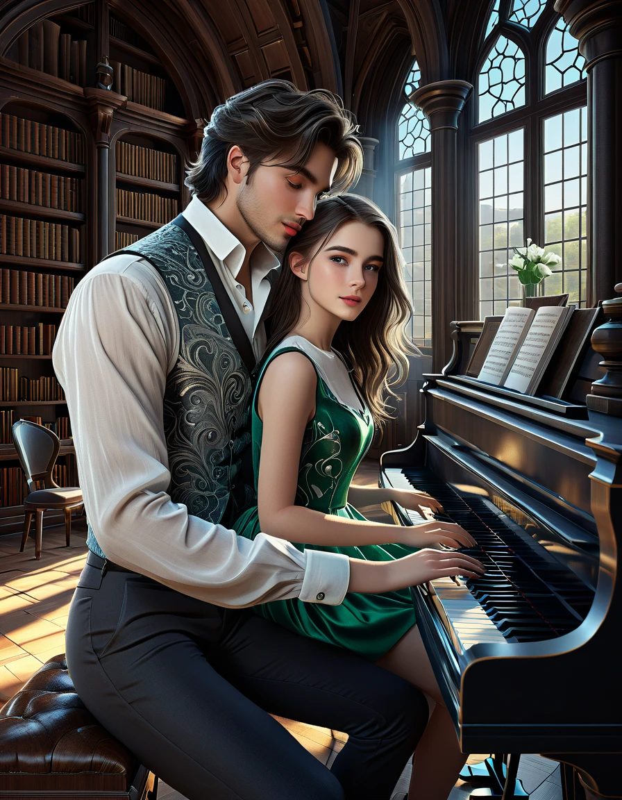 sketch man sits at the piano and plays it for a girl writing a melody for her man he is 22 years old  ((with brown eyes)), Beautiful,  brown short hair in a white shirt ,  dark gray classic vest , black trousers , ((( and next to a man leaning on the piano is )))  a 22-year-old girl with brown long flowing straight hair and blue eyes ,  in a short emerald colored modern fashionable sexy beautiful dress with round sleeves voluminous against the Arafed background room with a piano and a window in it, gothic epic library concept, gothic epic library, gothic library, alchemist library , unreal engine render concept art, castle library, dusty library,  unreal fantasy art engine, ancient library, library of ruina concept art, photorealistic dark concept art,  dramatic lighting . concept art, inside a castle library, Старая библиотека photo realistic illustration, hyper realistic illustration, realistic illustration, photorealistic detail , hypper realistic illustration, extreme realistic detail, photorealistic detail ed picture, с unreal engine render concept art, ), Ultra-detailed and beautiful face,( Gentle facial expression :1.1),translucent white skin,(Реалистичный skin texture:1.1), , Bold design , Art design ,Beautiful and detailed pattern, Detailed fabric texture, ((1 man, 1 girl)) (romantic sensual scene for a novel :1.1)