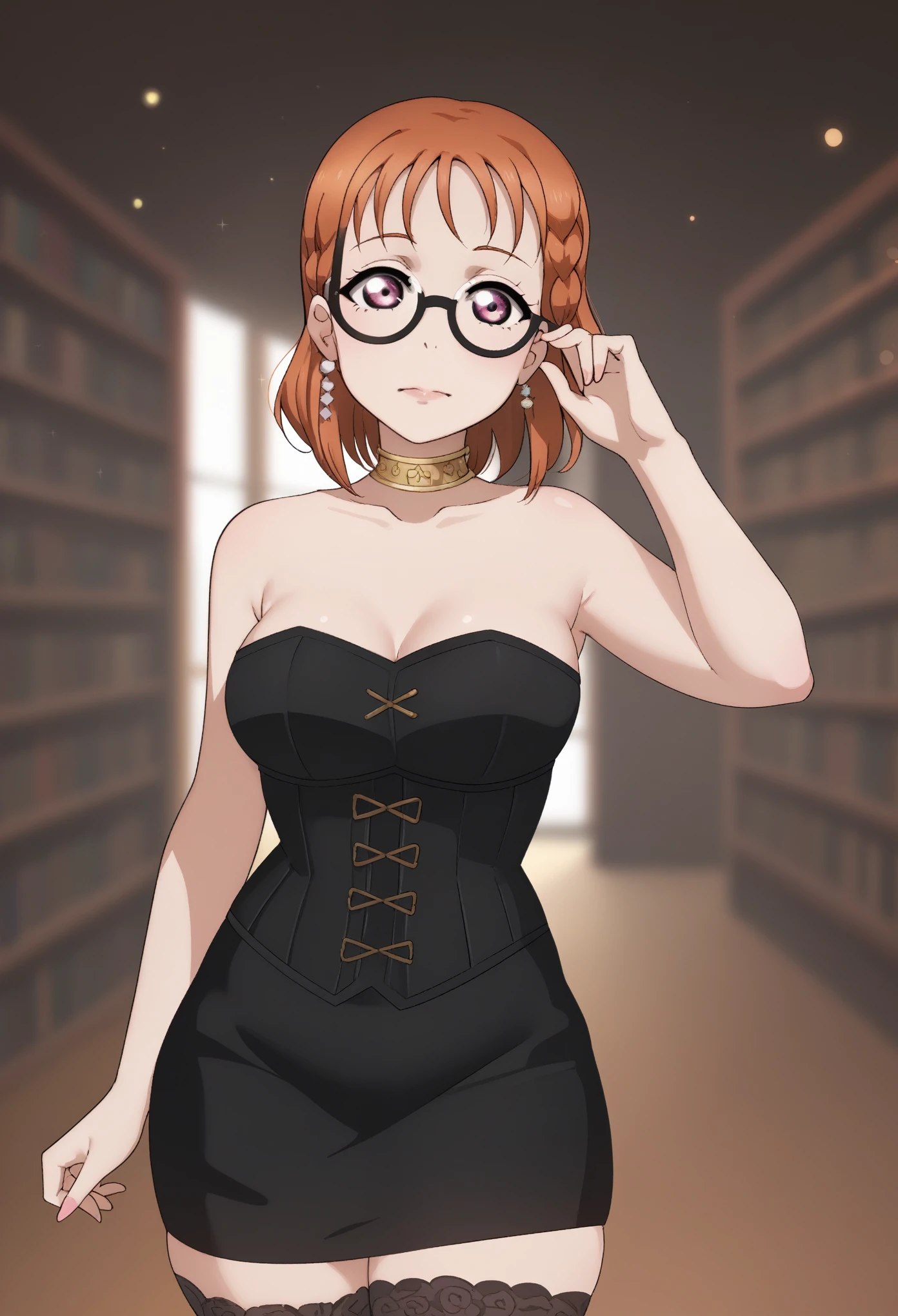 dynamic lighting , love live art style, takami chika , orange hair, medium hair, pink eyes, side braid, circle glasses, corset, pencil skirt,collarbone,neck ring, thighhighs, in black dark library , night , looking at viewer, strapless , adjusting glasses , shiny skin,Elijahzx art style,thin waist,curvy hips