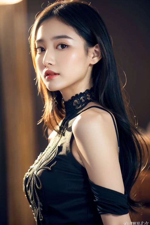 mini skirt、Dresses with decorations、Looking back、cabaret club、silk dress、Angle of view for bust up、beautiful shoulders、zoom out、soft curl hairstyle、high resolution、thin waist、high tone hair color、korean idol、realistic eyes、beautiful eyelashes、High resolutionの顔、black background、22 years ago、black dress stay piece, best quality, illustration, Super detailed, fine details, High resolution, 8K Dende Wallpaper, beautiful detailed eyes, random cute hairstyles, C cup breasts, natural color lip