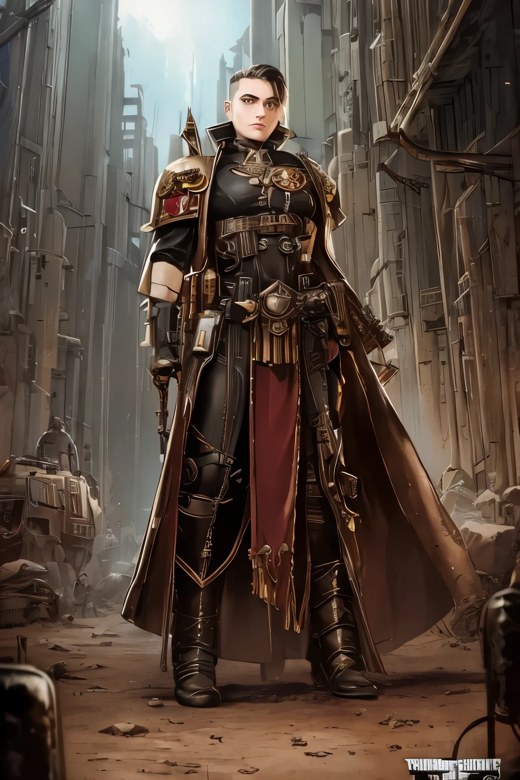 Warhammer 40k Setting: A h young female noble with very short dark-brown undercut. Shaved sides. Tomboyish. Androgynous. Slim. Wide hips. Long thick legs. Extremly pale skin with liverspots. A narrow soft face. Round chin. Curved lips. A long and wide nose. Upturned eyes. Brown eye colour. Very thin eyebrows. Big forehead. Long neck. Extremly pale skin. Freckles. Very short hair. Short manly haircut. Undercut. Sides shaved. Looking Androgynous. Tomboyish. Grim. Melancholic. Dark. Wearing clothing of an warhammer 40k noble. Background: A sinister industrial megacity in a grim warhammer 40k universe.