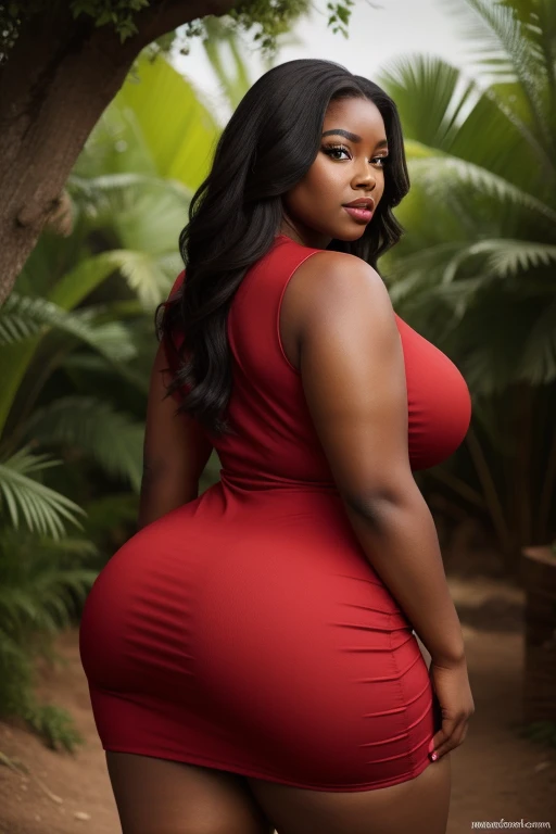 Big and curvy black woman,   full body photo ,  extremely curvy body , ((( wearing red dress ))),  showing their ass,  detailed and beautiful eyes,  beautiful and detailed lips , extremely detailed eyes and face,  long lashes, realistic, photorealistic, photo-realistic:1.37, 8k,  , masterpiece:1.2,  face vibrant colors,  warm lighting , natural environment, lush,  detailed background , realistic skin texture