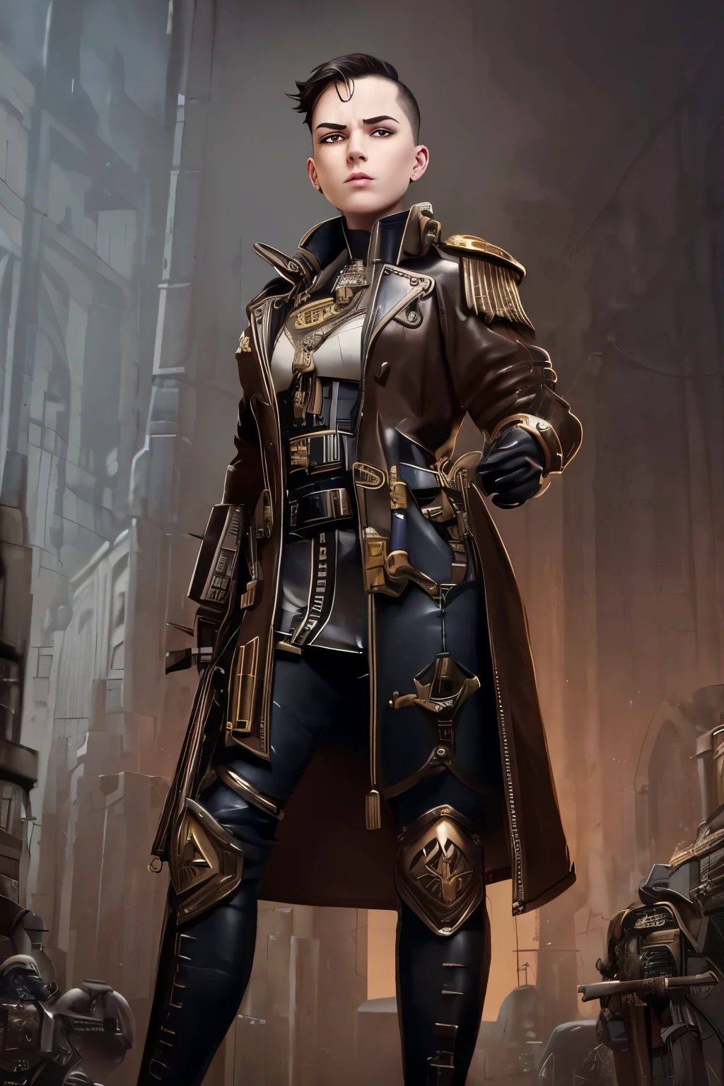 Warhammer 40k Setting: A h young female noble with very short dark-brown undercut. Shaved sides. Tomboyish. Androgynous. Slim. Wide hips. Long thick legs. Extremly pale skin with liverspots. A narrow soft face. Round chin. Curved lips. A long and wide nose. Upturned eyes. Brown eye colour. Very thin eyebrows. Big forehead. Long neck. Extremly pale skin. Freckles. Very short hair. Short manly haircut. Undercut. Sides shaved. Looking Androgynous. Tomboyish. Grim. Melancholic. Dark. Wearing clothing of an warhammer 40k noble. Background: A sinister industrial megacity in a grim warhammer 40k universe.