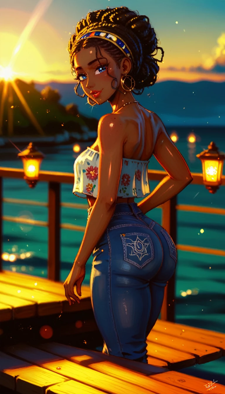 (masterpiece,  best quality , 8k, sharp focus,   depth of field  ,  best shadows , perfect lights, HDR,  a beautiful African-American woman illuminated by the afternoon sunlight , standing on the pier of the port ,  she wears a blue strapless shirt and tight jeans highlighting her thick thighs, side view of the woman ,  an idyllic and brilliant scene with creative and wonderful nuances ,  a composition rich in colors and art .