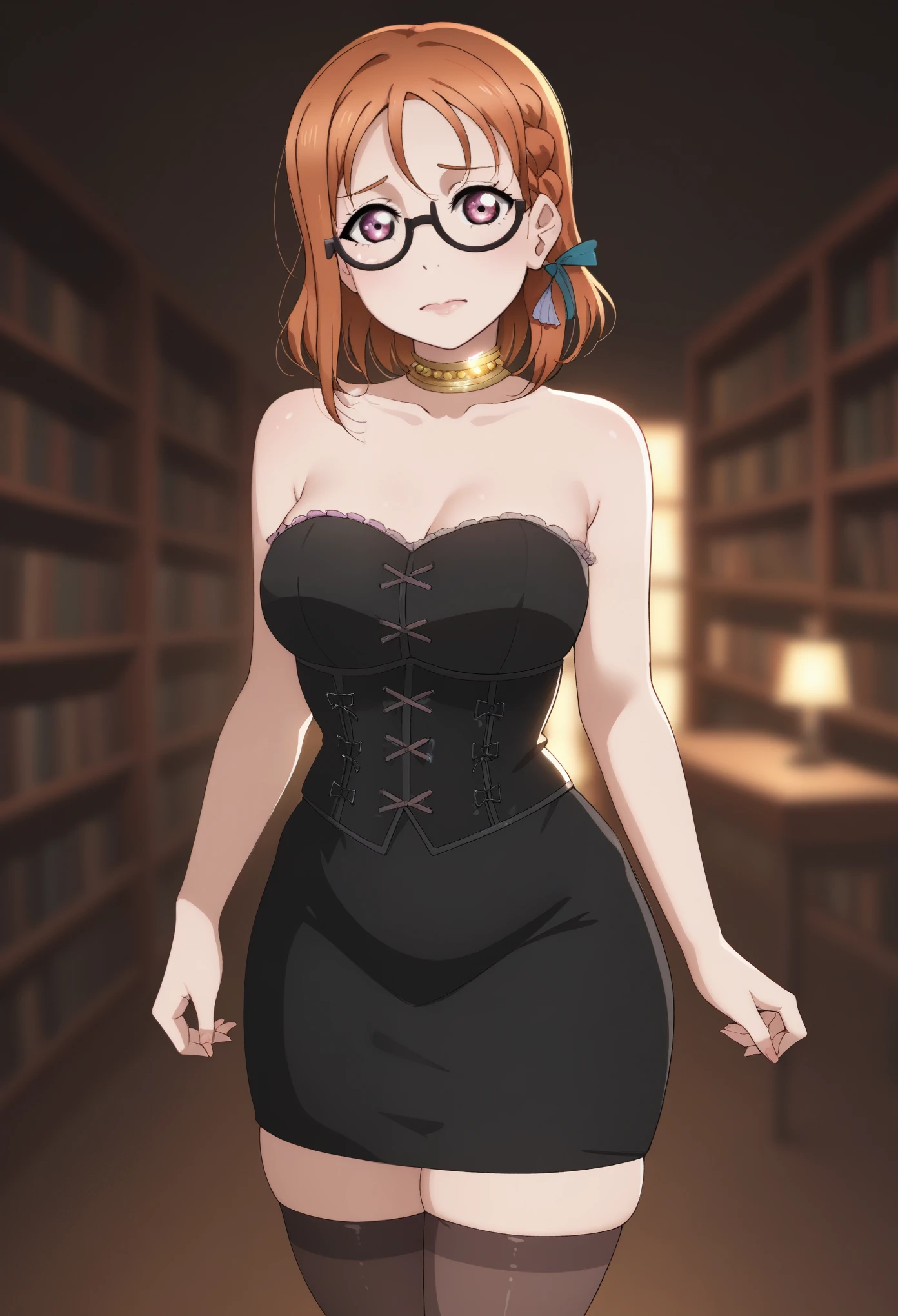 dynamic lighting , love live art style, takami chika , orange hair, medium hair, pink eyes, side braid, circle glasses, corset, pencil skirt,collarbone,neck ring, thighhighs, in black dark library , night , looking at viewer, strapless , adjusting glasses , shiny skin,Elijahzx art style,thin waist,curvy hips