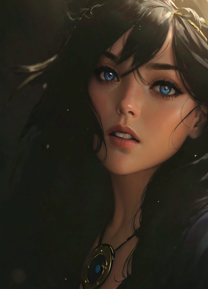 a close up of a woman with a black hair and blue eyes, inspired by WLOP, cinematic goddess close shot, detailed matte fantasy portrait, fantasy concept art portrait, wlop | artgerm, wlop art, artgerm and wlop, wlop and artgerm, art of wlop, wlop |, cgsociety portrait