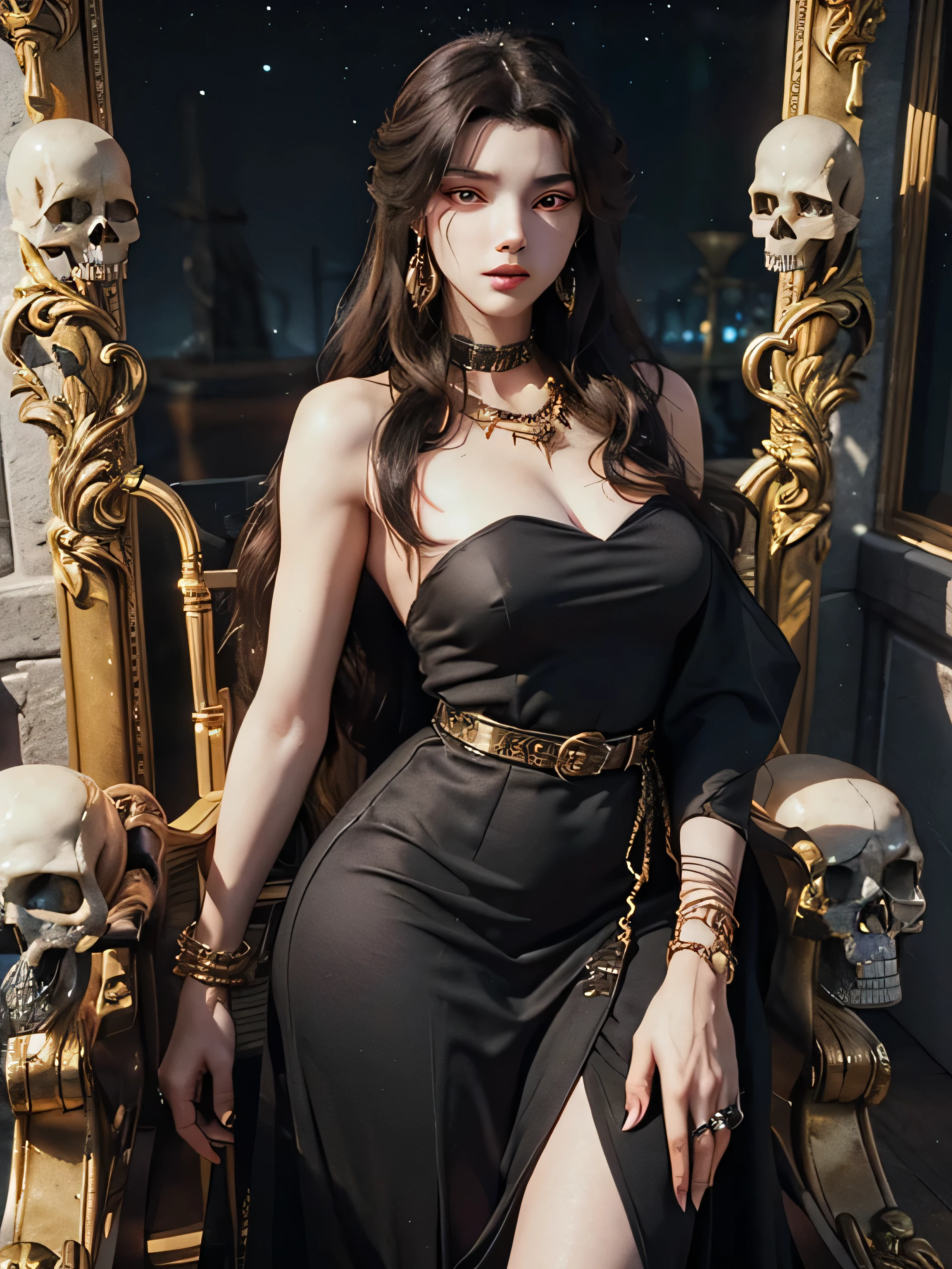 1 girl, Alone, details, masterpiece, best quality, photorealistic Realism, beautiful girl, long hair, black hair, skull headband, gold earrings, (((red eyes))), beautiful face, skull necklace, perfect body, large breast, open chest, black long dress, skull bracelet, gold earrings, gold belt, musical instrument, stand near ancient chair,  Dark Sky , Dark Temple ,,,(((( copies of Lavínia devoid of clothes and perfect with a butt and big breasts ,  full body with perfect hands and feet ,  asymmetric face and textured skin with high quality and 3D definition with 32K))).