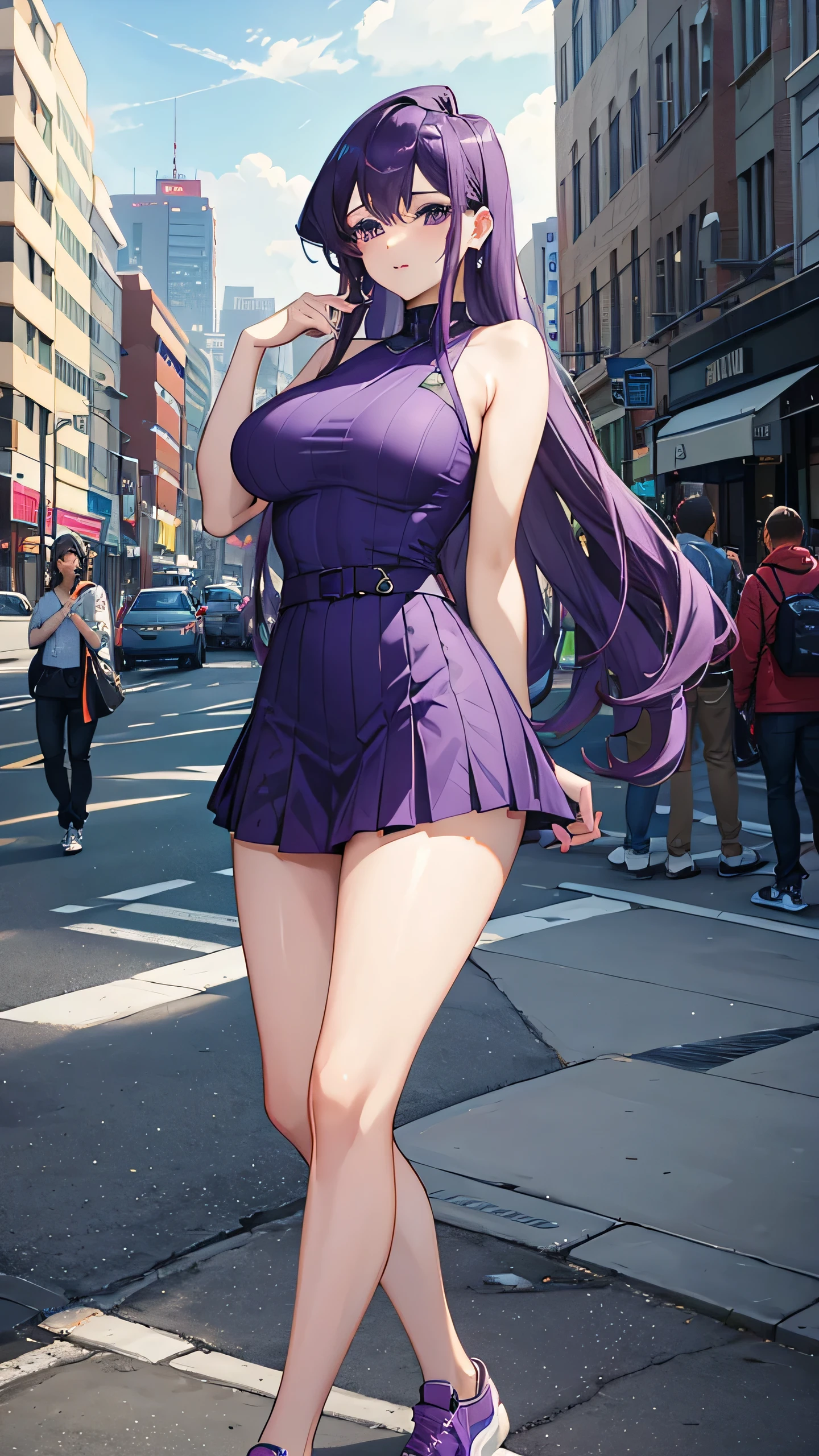 Masterpiece, Best quality, highly detailed, highres, highly detailed, 1 girl, long purple hair, purple eyes, large breast, unbottened black sleeveless office lady shirt, white bra, brown skirt, standing, walking in middle downtown, clothes sticking to her body, nipple perked out from under shirt,