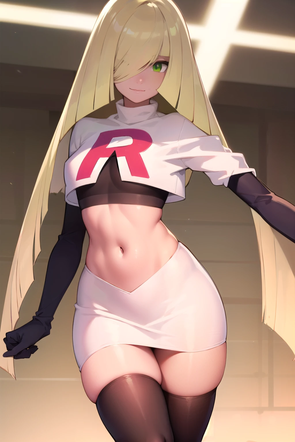 pokemonlusamine, pokemonlusamine, blonde hair, (green eyes:1.5), hair over one eye, long hair, multicolored hair, streaked hair, very long hair, smile,
BREAK  rocket,team rocket uniform,white skirt,red letter R,crop top,black thigh-highs,black elbow gloves,
BREAK looking at viewer,
BREAK (masterpiece:1.2), best quality, high resolution, unity 8k wallpaper, (illustration:0.8), (beautiful detailed eyes:1.6), extremely detailed face, perfect lighting, extremely detailed CG, (perfect hands, perfect anatomy),