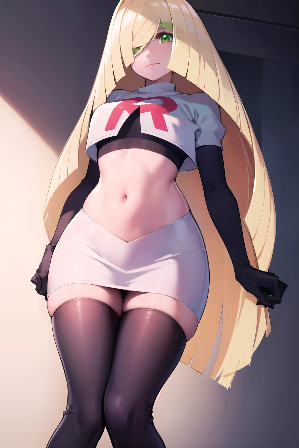 pokemonlusamine, pokemonlusamine, blonde hair, (green eyes:1.5), hair over one eye, long hair, multicolored hair, streaked hair, very long hair, smile,
BREAK rocket,team rocket uniform,white skirt,red letter R,crop top,black thigh-highs,black elbow gloves,
BREAK looking at viewer,
BREAK (masterpiece:1.2), best quality, high resolution, unity 8k wallpaper, (illustration:0.8), (beautiful detailed eyes:1.6), extremely detailed face, perfect lighting, extremely detailed CG, (perfect hands, perfect anatomy),