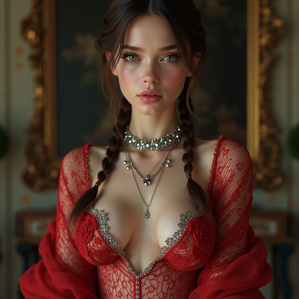 the goddess of love. long brown hair. clear blue eyes. snow-white skin. (red goddess silk dress with open shoulders), with a slit at the hips, red shoes. sits on his knees. holding a bouquet of red roses. smells the flowers with his eyes closed. red roses in her hair. (long black veil with stones), (hdr:1.28), hyperdetailed, cinematic, warm lights, intricate