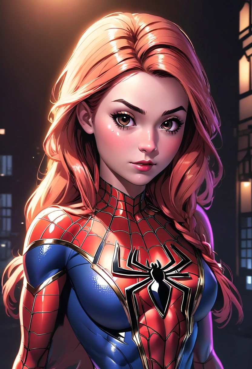 a beautiful young female spiderman, detailed face, beautiful skin texture, ultra-detailed body, atmospheric scene, masterpiece, best quality, 8k, hyperrealistic, cinematic lighting, dramatic colors, dynamic pose, web-like background