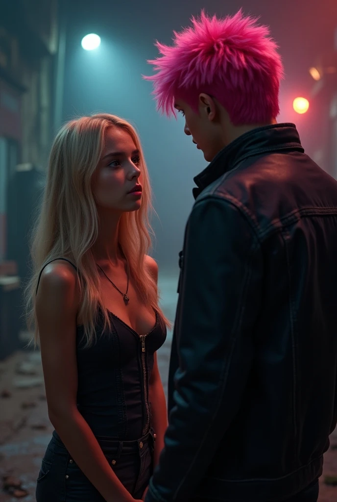 181 cm tall, 22-year-old boyish male, lean figure, short platinum blond layered hair with side swept bangs, Germanic-Icelandic features, tight black pants, black leather jacket with yellow accents, evil amused expression, stands behind holding dagger blade to the neck of a young woman who's just a little shorter and has a fearful expression wearing a grey lacy push-up bra and black pants with vibrant maroon side parted wavy hair and light skin, photorealistic, cinematic