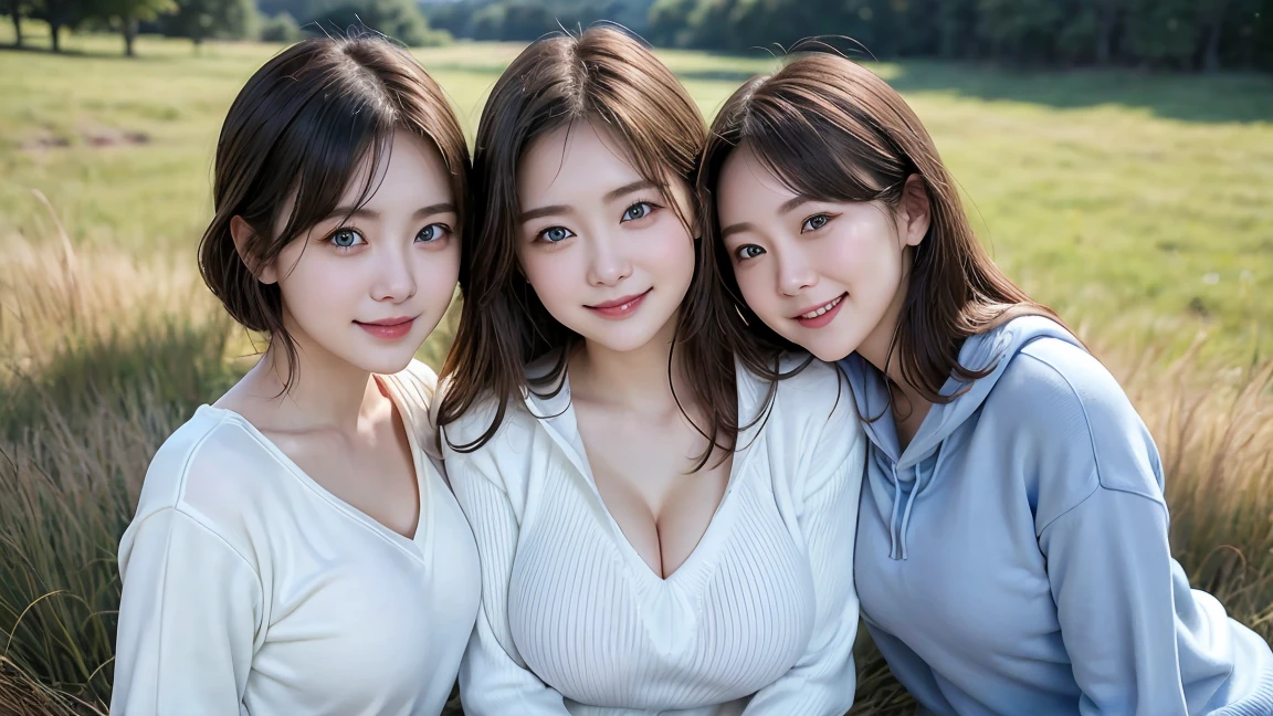 (3 girls), Young faceอินโดนีเซีย, 12 years,smile, white skin, Round breast, blue eyes,Naked, breasts erect.(((round chest))) Masterpiece, Highest quality, 8K, beautiful girl, Young face、 photography, Cute face, thigh,In the meadow, Embarrassing、รอยsmile、((((((อายุ 12 years))))))、small waist、Wear a jeans skirt., thighสูง, ((up legs:1.3)),( Naked, breasts erect. เปลือยอก หัวนม (((round chest)))((Busty breasts))Wear a jeans skirt. (((round chest)))