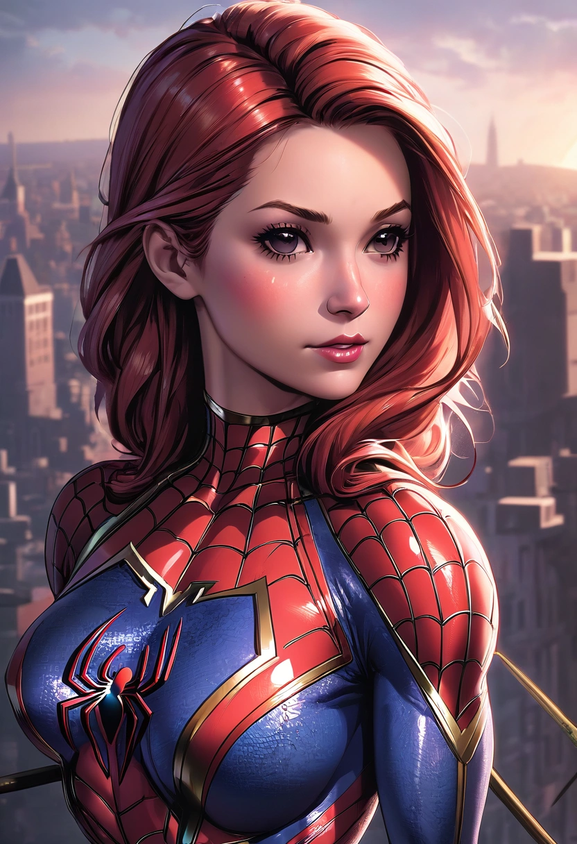 Closeup photo portrait of female Spiderman, atmospheric scene, masterpiece, best quality, (detailed beautiful face, detail skin texture, ultra-detailed body:1.1),