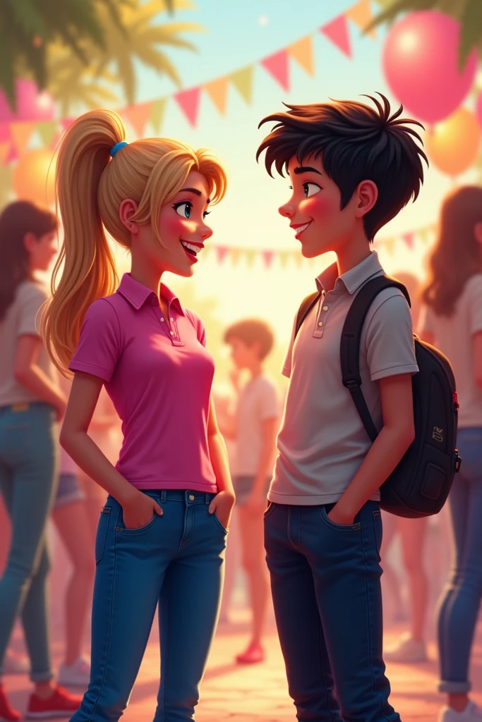 The pose shows two characters standing facing each other. The male character on the left, a blond, blue-eyed 13-year-old boy, is giving a thumbs-up gesture with his right hand, smiling confidently. The female character, a  on the right, has her left arm wrapped around the male character's arm while her right hand rests on her chin, with a thoughtful expression. Both characters are rendered in 3D using Blender, and are designed in a Pixar style. The male character is wearing a dark blue sweatshirt, blue jeans, and black shoes, and the female character is dressed in a blue sweatshirt, a plaid skirt, white tights, and black shoes. The background is a district school in Bogota, and the rendering is high definition, highly detailed, and high quality.