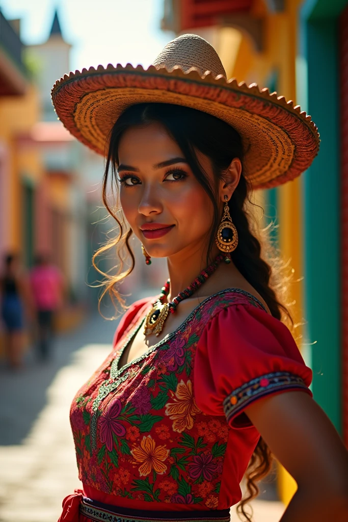 an impressive mexican woman, His personality recalls the timeless charm of Mexican tradition.. his eyes, full of stories, the eyes are a light shade of green, exuding wisdom with a touch of mischief. Her lips, rich and red, reflect the vitality of Mexican culture. Her hair, As dark and fluid as the Mexican night sky ,frames your face. Dressed in a traditional Mexican costume., The vibrant colors seem to reflect the very spirit of Mexico.. The surrounding environment displays a mix of street scenes symbolic of flowers.., colorful buildings, and the heavenly blue sky, sexy