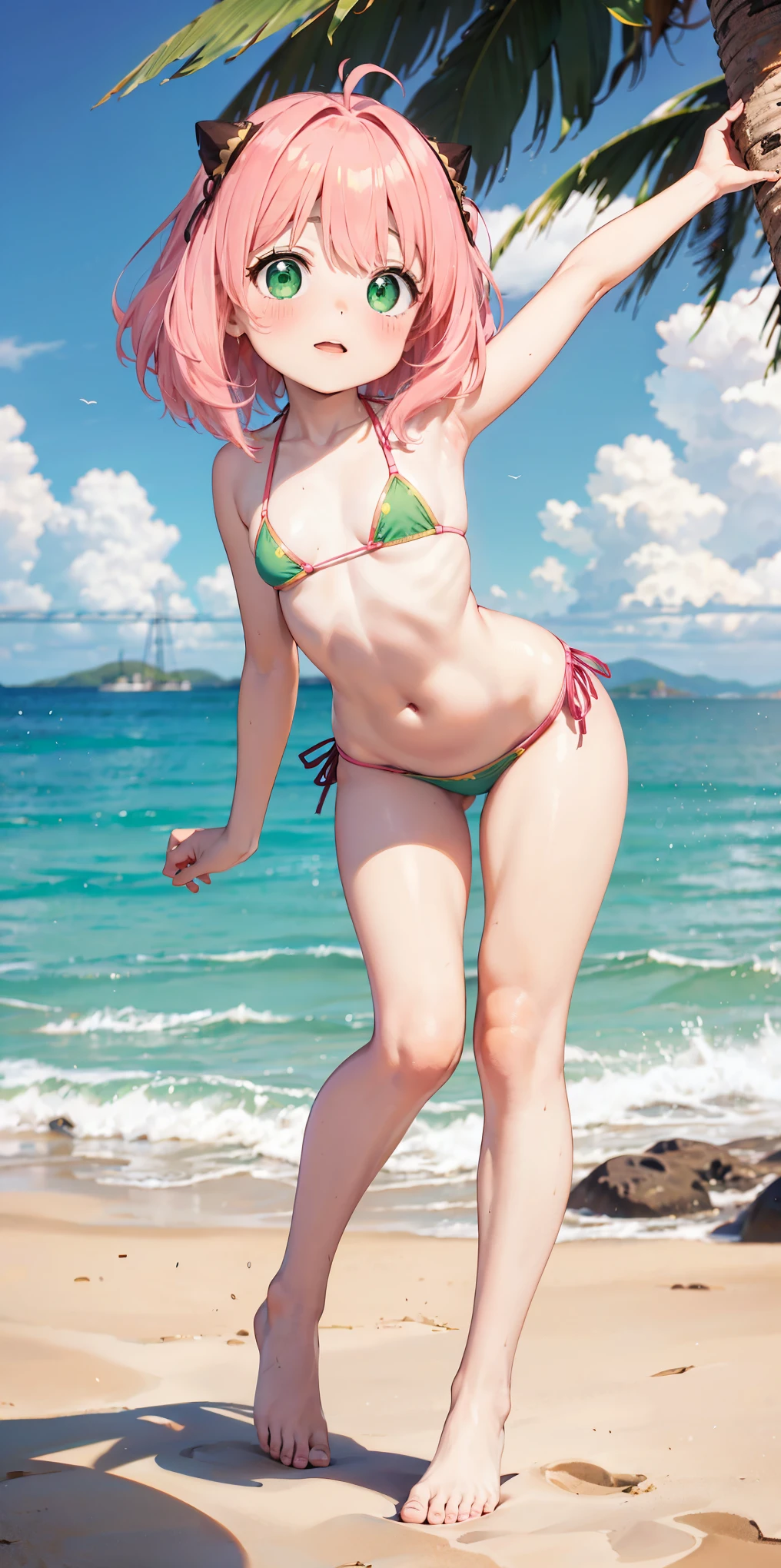   thick thighs  ,Anya Forger, , ,,   medium breasts , fullbody,  capture from head to toe in the frame, ****tos,   thick thighs  , bloomers, to crouch, ( enfocate en los pechos), outdoor, beautiful girl, beautiful , microbikini, ((Bikini Verde)) ((tilted)) (( raised butt )) (( Pink hair)) ((niña)) ((cuerpo de niña)) (cara de bebe) (niñita) (de frente) (inclinada) ((pechos grandes))