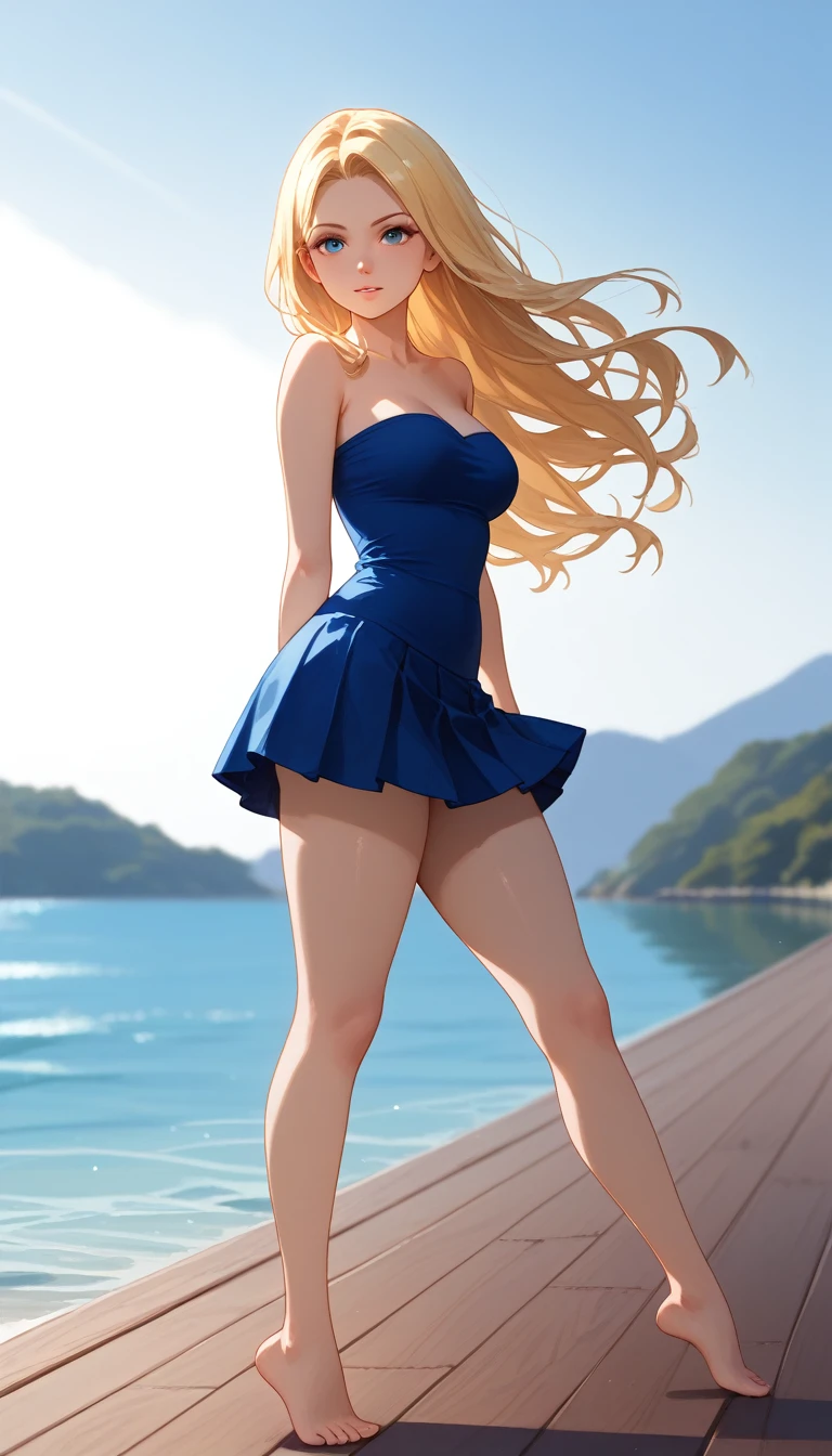 (masterpiece,  best quality ,    depth of field  ,  best shadows ,  a beautiful American woman illuminated by the afternoon sunlight, long blonde hair standing on the port pier , (She wears a strapless blue shirt ),  tight black mini skirt highlighting her thick thighs ,dynamic pose,Mix watercolor with digital paint , side view of the woman ,  an idyllic and brilliant scene with creative and wonderful nuances ,  a composition rich in colors and art .