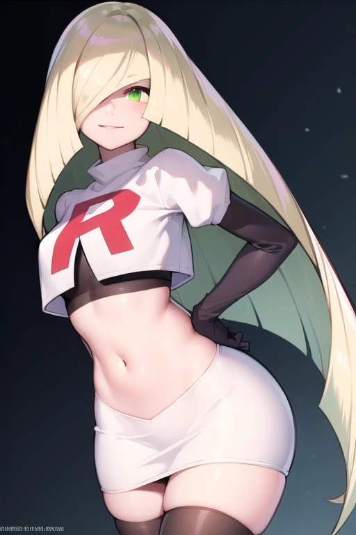 pokemonlusamine, pokemonlusamine, blonde hair, (green eyes:1.5), hair over one eye, long hair, multicolored hair, streaked hair, very long hair, smile,
BREAK  rocket,team rocket uniform,white skirt,red letter R,crop top,black thigh-highs,black elbow gloves,
BREAK looking at viewer,
BREAK (masterpiece:1.2), best quality, high resolution, unity 8k wallpaper, (illustration:0.8), (beautiful detailed eyes:1.6), extremely detailed face, perfect lighting, extremely detailed CG, (perfect hands, perfect anatomy),