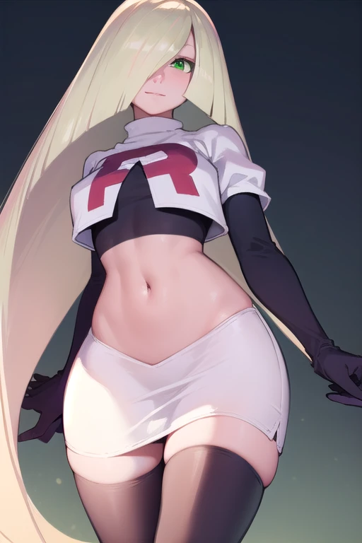 pokemonlusamine, pokemonlusamine, blonde hair, (green eyes:1.5), hair over one eye, long hair, multicolored hair, streaked hair, very long hair, smile,
BREAK  rocket,team rocket uniform,white skirt,red letter R,crop top,black thigh-highs,black elbow gloves,
BREAK looking at viewer,
BREAK (masterpiece:1.2), best quality, high resolution, unity 8k wallpaper, (illustration:0.8), (beautiful detailed eyes:1.6), extremely detailed face, perfect lighting, extremely detailed CG, (perfect hands, perfect anatomy),