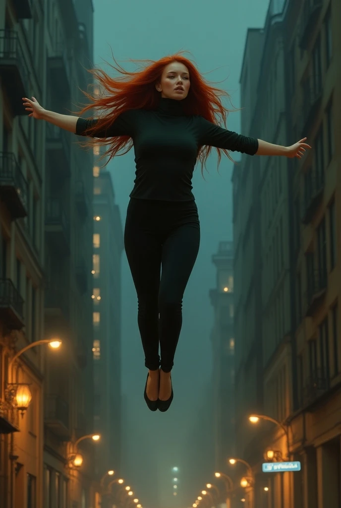 A hot milf, 40 year old, red hair, green dress, black leggings, black doc martens, giantess, lifting her right foot, pov shot, boot sole, full body shot