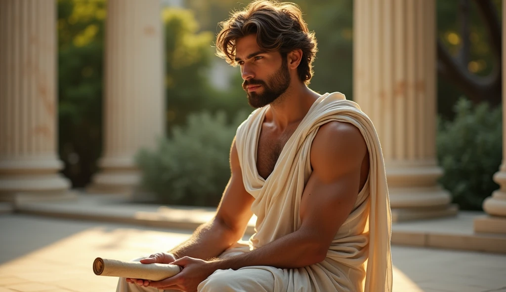 In a 16:9 landscape format, a young and strikingly handsome Stoic philosopher with a perfectly sculpted physique is depicted in deep contemplation. He is seated on a stone bench within a grand Roman forum, his posture both powerful and graceful. His tunic, in muted earthy tones, drapes over his muscular body, with a subtle opening that reveals a well-defined shoulder. His short beard is impeccably groomed, complementing his wavy, well-styled hair. His expression is intense yet calm, as he stares ahead with a seductive, penetrating gaze that suggests both wisdom and inner strength. The warm sunlight bathes the scene, casting gentle shadows that enhance his features, while the majestic Doric columns and ancient architecture of the forum stand in the background. The philosopher holds a parchment scroll loosely in his hand, symbolizing the weight of the truth he has accepted. The setting evokes a timeless sense of strength and resilience, with the philosopher’s youthful allure and intellectual depth captivating the viewer.