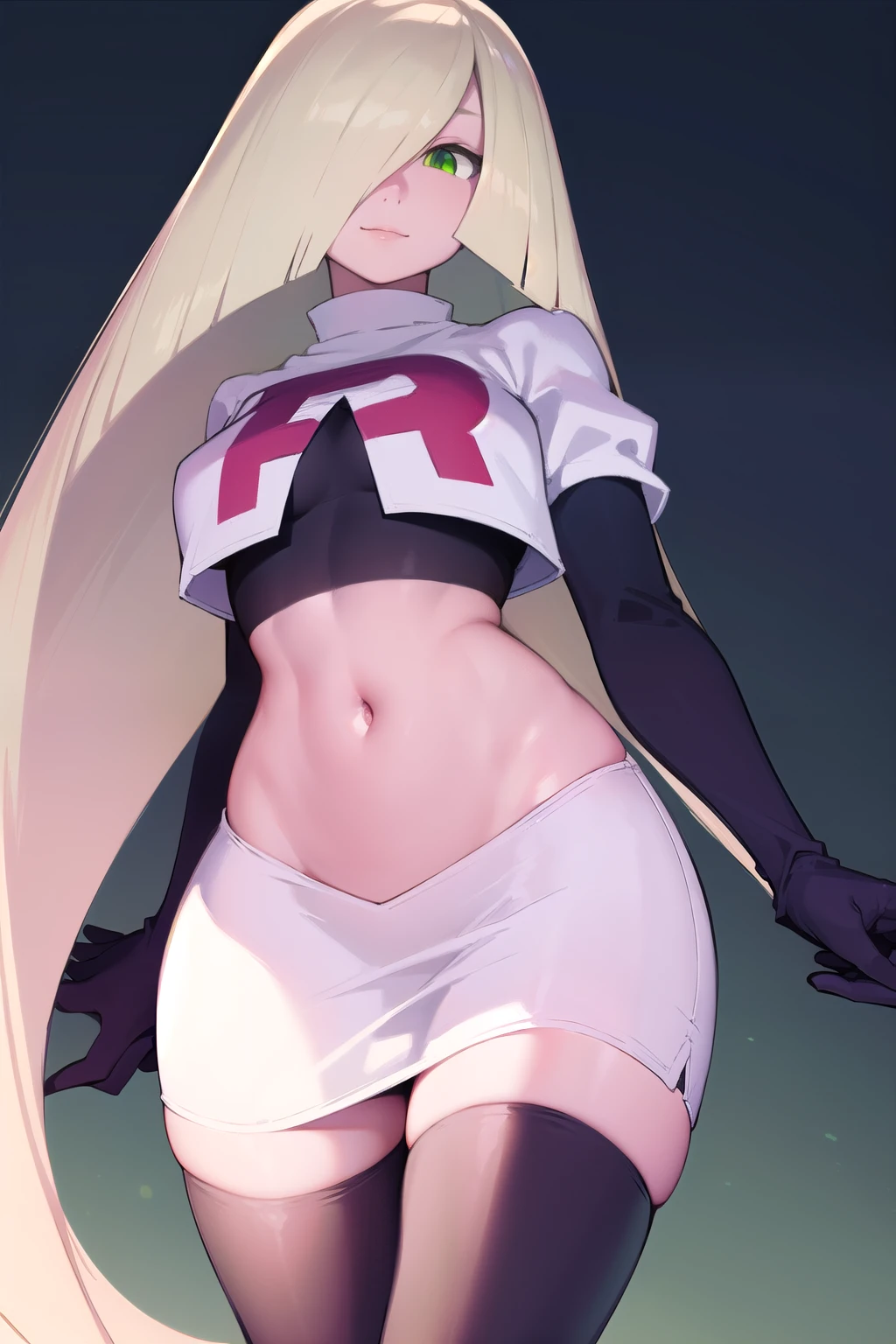 pokemonlusamine, pokemonlusamine, blonde hair, (green eyes:1.5), hair over one eye, long hair, multicolored hair, streaked hair, very long hair, smile,
BREAK rocket,team rocket uniform,white skirt,red letter R,crop top,black thigh-highs,black elbow gloves,
BREAK looking at viewer,
BREAK (masterpiece:1.2), best quality, high resolution, unity 8k wallpaper, (illustration:0.8), (beautiful detailed eyes:1.6), extremely detailed face, perfect lighting, extremely detailed CG, (perfect hands, perfect anatomy),