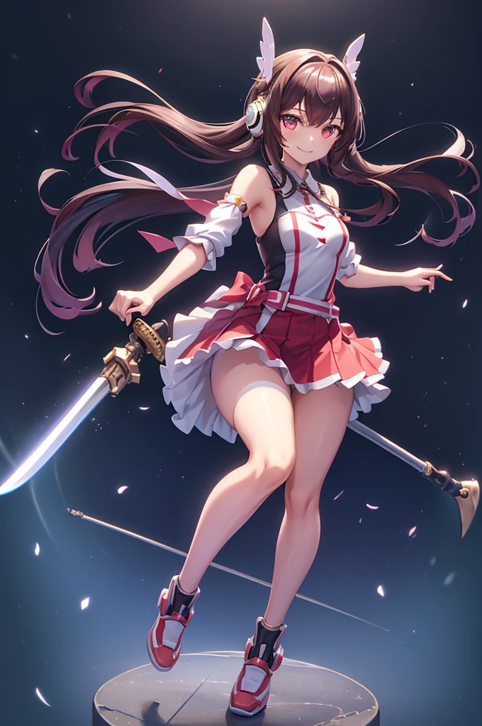 smile、mecha wing、Thighs、tights、chest、 shiny hair、 1 girl、 solo girl 、 headphones、idol dress、 I have a sword、mecha girl、 miniskirt that snaps around the knee、 tennis wear、tennis wear