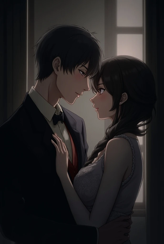 a boy with black brown hair and brown eyes in front of a girl with long light blue hair and blue eyes, both leaning against each other, hidden in the dark, romance