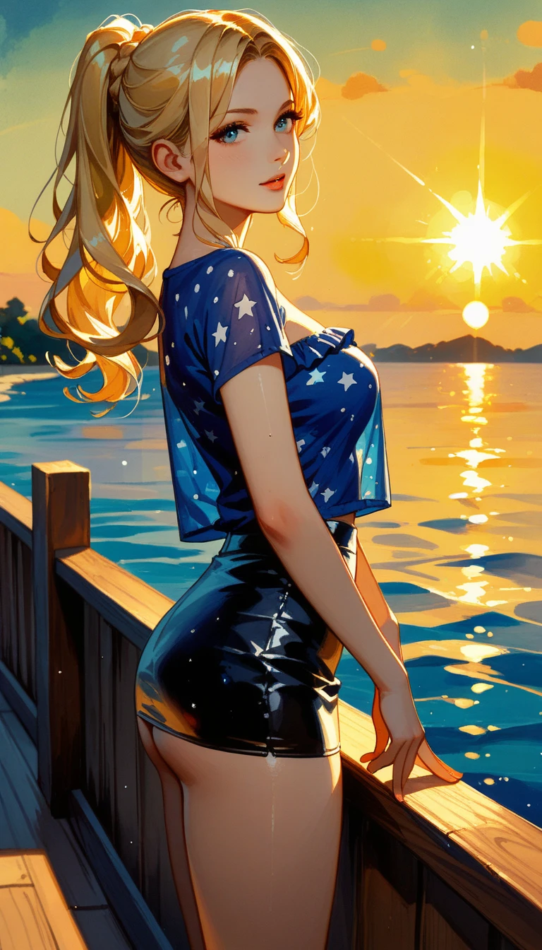 (masterpiece,  best quality ,    depth of field  ,  best shadows ,  a beautiful American woman illuminated by the afternoon sunlight, long blonde hair standing on the port pier , (She wears a strapless blue shirt ),  tight black mini skirt highlighting her thick thighs ,dynamic pose,Mix watercolor with digital paint , side view of the woman ,  an idyllic and brilliant scene with creative and wonderful nuances ,  a composition rich in colors and art .