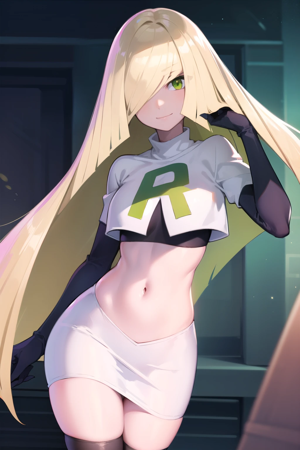 pokemonlusamine, pokemonlusamine, blonde hair, (green eyes:1.5), hair over one eye, long hair, multicolored hair, streaked hair, very long hair, smile,
BREAK  rocket,team rocket uniform,white skirt,red letter R,crop top,black thigh-highs,black elbow gloves,
BREAK looking at viewer,
BREAK (masterpiece:1.2), best quality, high resolution, unity 8k wallpaper, (illustration:0.8), (beautiful detailed eyes:1.6), extremely detailed face, perfect lighting, extremely detailed CG, (perfect hands, perfect anatomy),