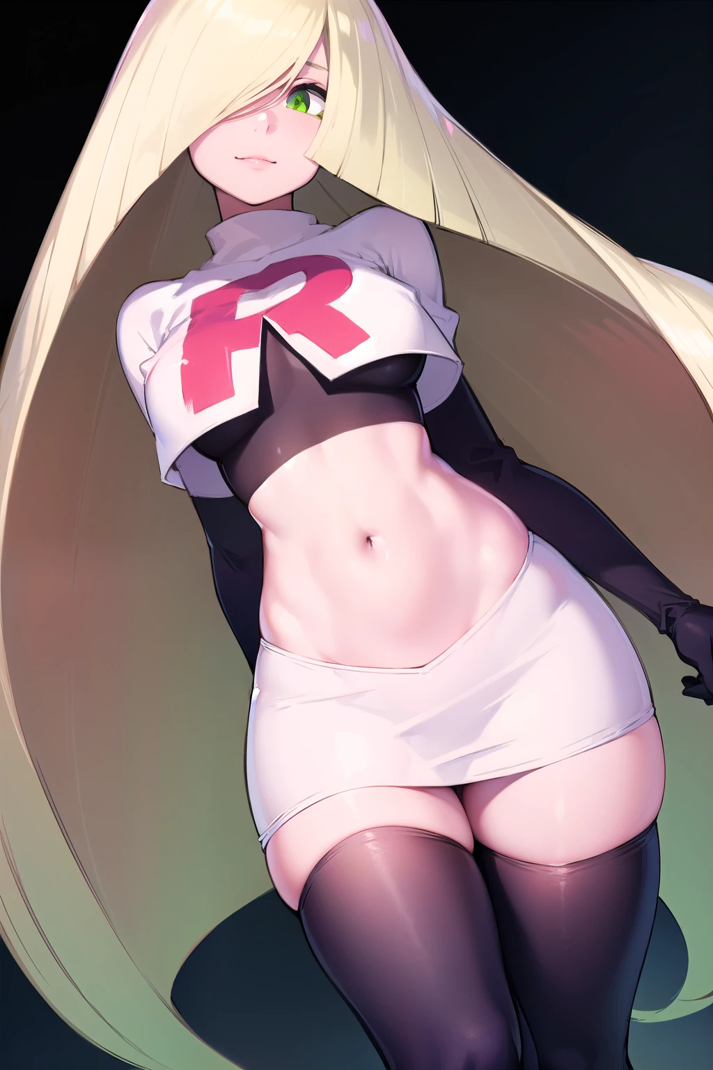 pokemonlusamine, pokemonlusamine, blonde hair, (green eyes:1.5), hair over one eye, long hair, multicolored hair, streaked hair, very long hair, smile,
BREAK team rocket,team rocket uniform,white skirt,red letter R,crop top,black thigh-highs,black elbow gloves,
BREAK looking at viewer,
BREAK (masterpiece:1.2), best quality, high resolution, unity 8k wallpaper, (illustration:0.8), (beautiful detailed eyes:1.6), extremely detailed face, perfect lighting, extremely detailed CG, (perfect hands, perfect anatomy),