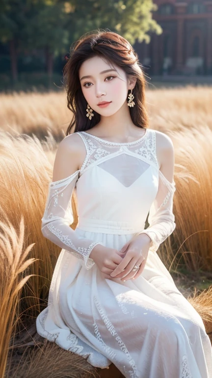 (8K,best quality,masterpiece:1.2),Ultra-high detail,Professional lighting,best quality,Ultra-high resolution,Visually stunning,Character Close-up,A woman with a single bun,Wearing a flowing white dress,Standing in the white snow,Her figure is particularly moving under the sunlight.,Real human skin,(Perfect body 1.3)Super delicate face。