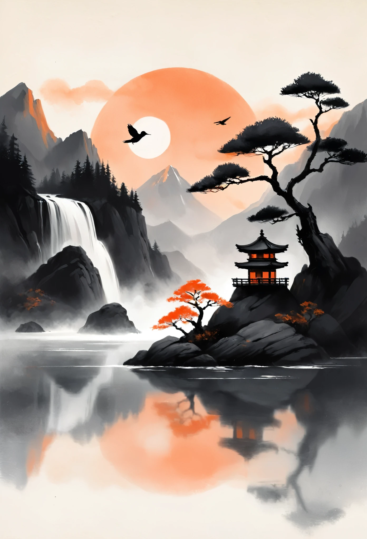 Create an ink art scene, masterpiece titled "The Solitary Flight" in the inkpunk genre, inspired by traditional East Asian aesthetics. The image should feature a solitary bonsai tree on a rock, clearly separate from an East Asian ((pagoda)) in the background. The sun should be a soft, muted circle, smaller in size, casting a warm glow. Use a color palette of soft oranges. Include silhouettes of birds in flight and maintain a minimalistic, graphic style, ensuring there are no realistic textures or excessive details. The background should suggest mountains and a waterfall, but with a focus on simplicity and harmony.