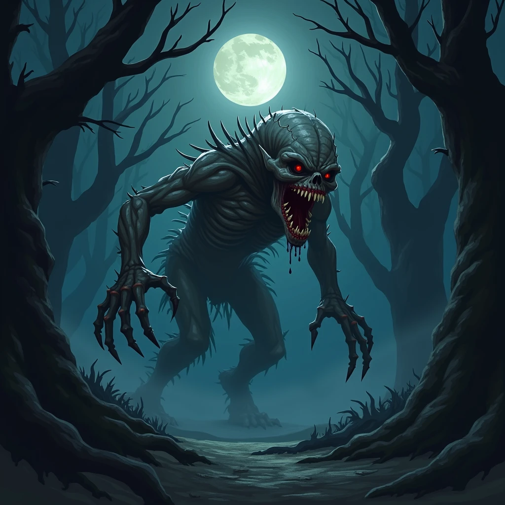 You are a great designer, create a shocking horror image at night with a creepy night creature for a horror movie