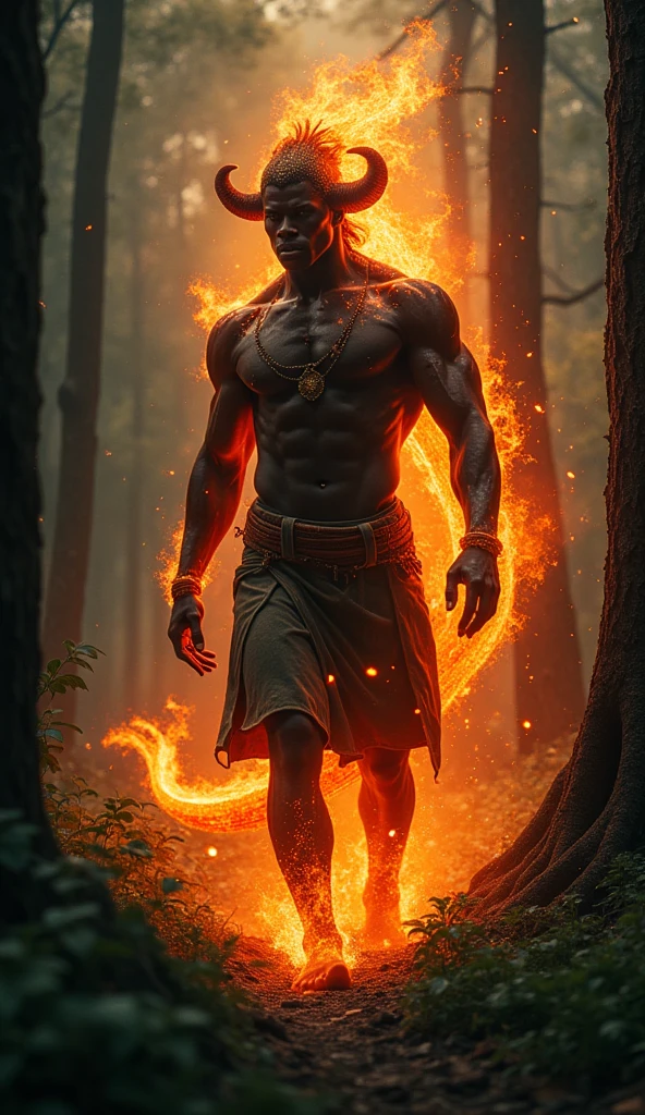 a handsome man, where its appearance is the fire element, and he is in a forest