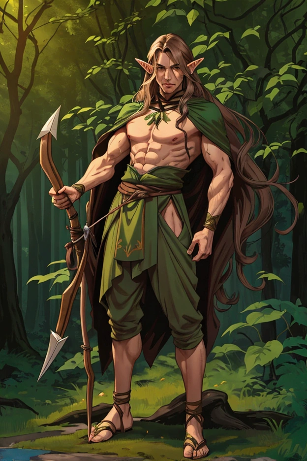 1boy, male focus, wood elf, long hair, slender and athletic build, sharp features, pointed ears, standing, full body, holding bow, quiver with arrows, mystical forest background, leaves and vines, green and brown tones, intense gaze, WHFRPGchara style