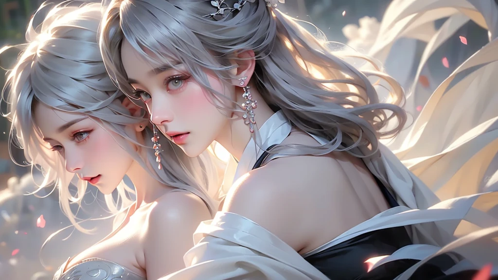 super high quality, masterpiece, Perfect illustration, Extremely detailed (Exquisite light and shadow, A very dramatic picture,Backlight) , ((Gray Hair:1.5))1 girl, alone, (Wearing Han clothes, Black and white Hanfu,monotone,Long sleeves) Flower Field, Flowers, (White smoke:1.3) (Realistic:1.4), Zen Intertwining, Tangled, Official Art, unity 8k wallpaper, Very detailed, Beautiful and beautiful, masterpiece, highest quality, (Dynamic Angle: 1.4), Glowing Skin, (Floating colorful flashes: 1) The most beautiful chaotic shapes, elegant, brutalism design, Bright colors, Romantic Depth of Field Exotic_dance, half_naked、Exposing shoulders、large breasts、Great cleavage、（han style、jin style）
