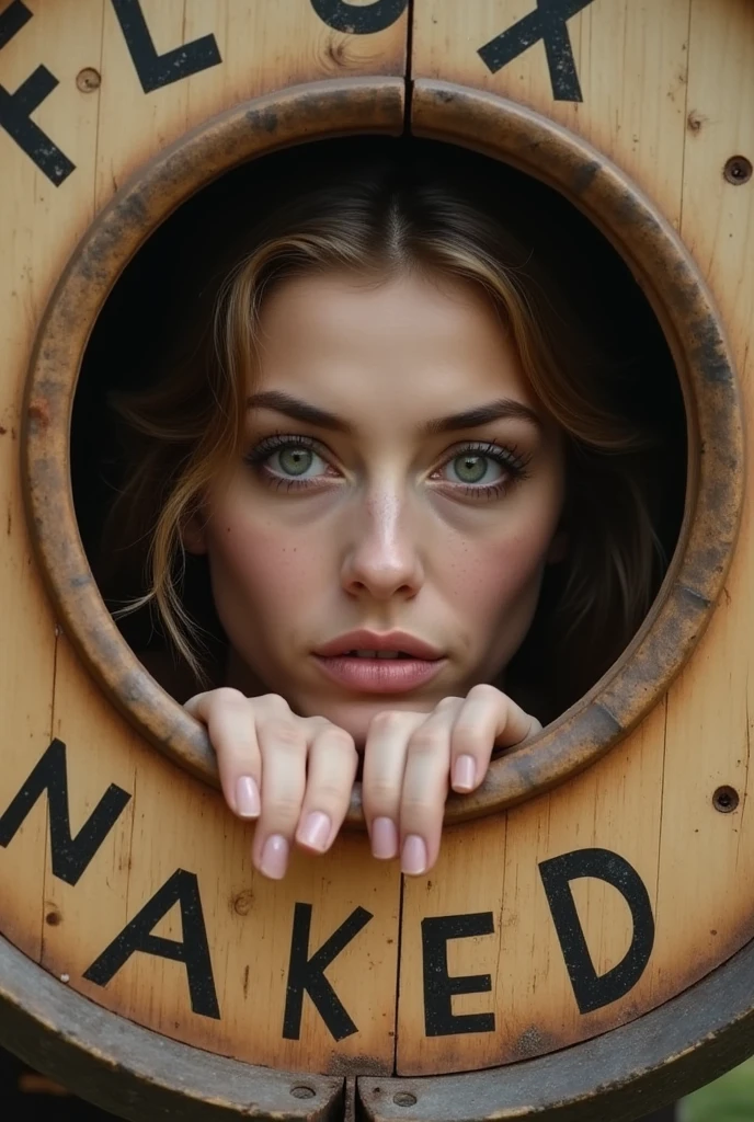 Woman, peeking out of a barrel, head and hands visible, Text on barrel saying "FLUX NAKED"