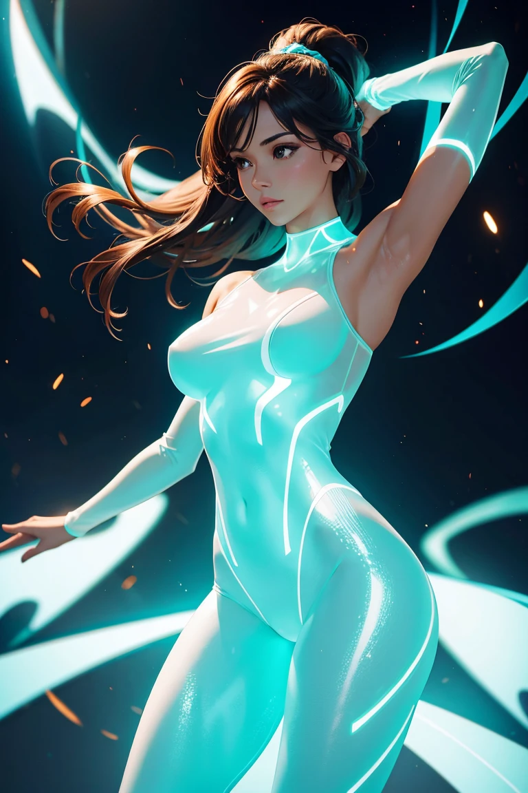 Cinematographer, ultimate picture quality (4k), The most beautiful woman The most beautiful, hermoso rostro, bello rostro perfecto, cheerful expression, Marvel-style heroine , cabello azul, hermoso cabello azul, Cabello largo, hermosa figura, cuerpo perfecto, Curvaceous Body, ((Traje colores verde oscuro blanco rojo)), Suit fitted to curvy body, sexy traje, manos perfectas muy bien detalladas, action pose (Energy in your hands: 1.7), fondo luna plateada, Perfect cinematic lighting, agregar efecto al final