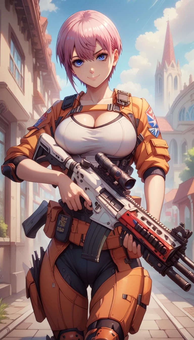 ultra-detailed, 1girl, ichika nakano, ((masterpiece)), (best quality), (highres), 16K, perfect face, short hair, bangs, blue eyes, hair between eyes, pink hair, wearing tactical clothes, tactical belt, black panties, knee pads, busty body, large breasts and a beautiful ass, showcasing cleavage, legs, hips, holding assault rifle, looking at viewer, smile, detailed full body, streets background