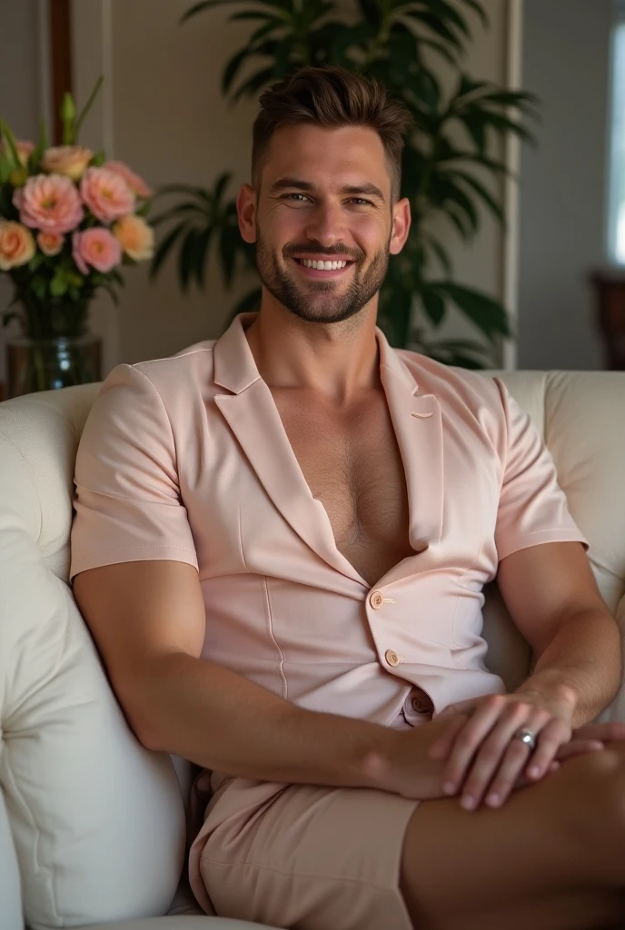 A sexy handsome man in a cafe, sitting , homoerotic, handsome face, gorgeous hair, fashionable clothes , nsfw, homoerotic ,penis,(slightly curly hair: 0.2)