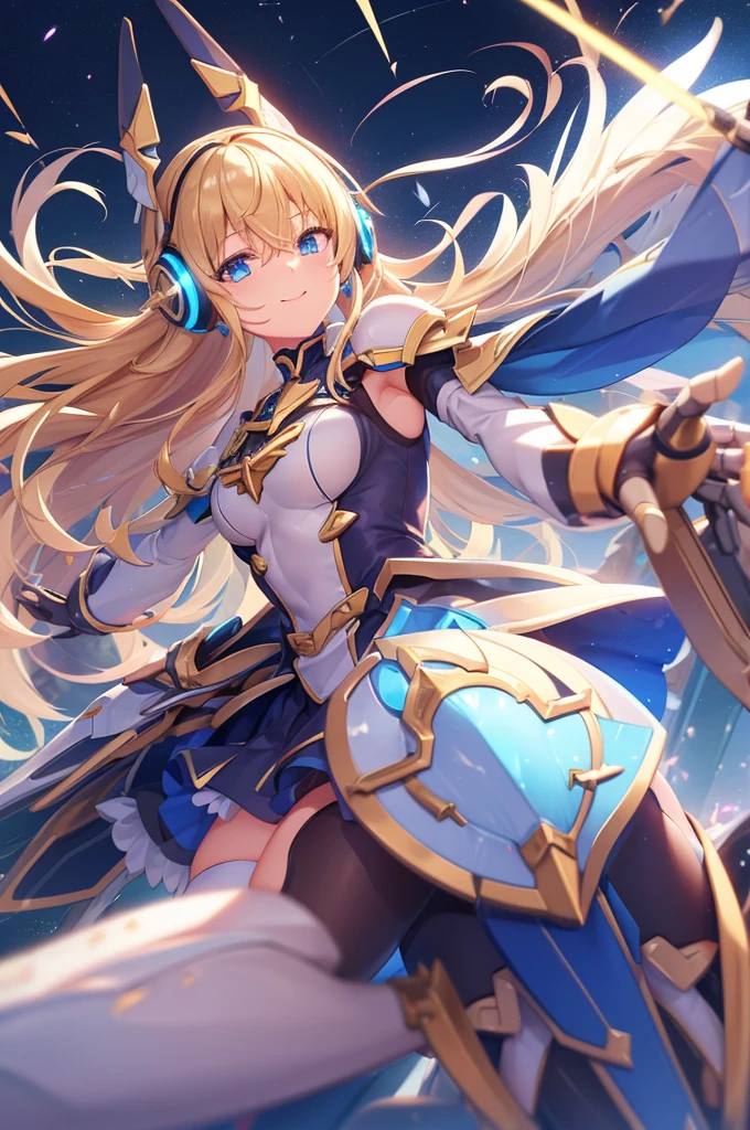 smile、smile、mecha wing、Thighs、tights、chest、 shiny blond hair、 1 girl、 solo girl 、 headphones、idol dress、 I have a sword、 has a shield、mecha girl、 white miniskirt 、Light Blue Armor